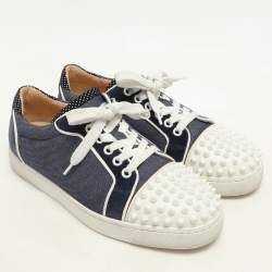 Christian Louboutin Blue/White Denim And Leather Vieira Spikes Low Top Sneakers Size 37