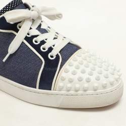 Christian Louboutin Blue/White Denim And Leather Vieira Spikes Low Top Sneakers Size 37