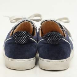 Christian Louboutin Blue/White Denim And Leather Vieira Spikes Low Top Sneakers Size 37