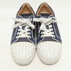 Christian Louboutin Blue/White Denim And Leather Vieira Spikes Low Top Sneakers Size 37