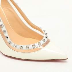 Christian Louboutin Cream Patent Leather and PVC Brigandine Spike Slingback Pumps Size 36.5
