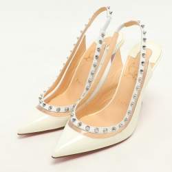 Christian Louboutin Cream Patent Leather and PVC Brigandine Spike Slingback Pumps Size 36.5