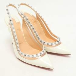 Christian Louboutin Cream Patent Leather and PVC Brigandine Spike Slingback Pumps Size 36.5