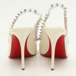 Christian Louboutin Cream Patent Leather and PVC Brigandine Spike Slingback Pumps Size 36.5