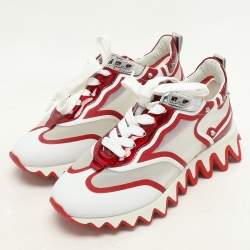 Christian Louboutin White/Red Leather and Mesh Sharkina Low Top Sneakers Size 36.5