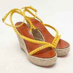Christian Louboutin Yellow Patent Leather Mafaldina Zeppa Wedge Ankle Strap Sandals Size 37