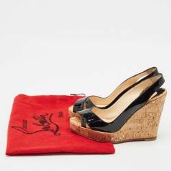 Christian Louboutin Black Patent Leather Cork Wedge Sandals Size 36