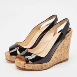 Christian Louboutin Black Patent Leather Cork Wedge Sandals Size 36