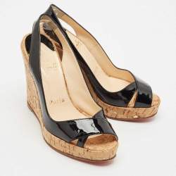 Christian Louboutin Black Patent Leather Cork Wedge Sandals Size 36