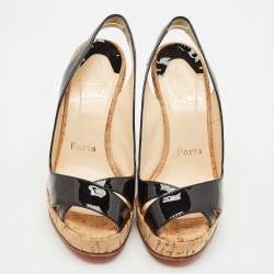 Christian Louboutin Black Patent Leather Cork Wedge Sandals Size 36