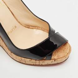 Christian Louboutin Black Patent Leather Cork Wedge Sandals Size 36