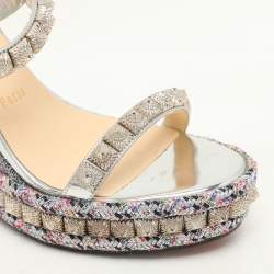 Christian Louboutin Silver Foil Leather Studded Cataclou Espadrille Wedge Sandals 38