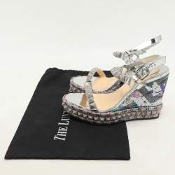 Christian Louboutin Silver Foil Leather Studded Cataclou Espadrille Wedge Sandals 38