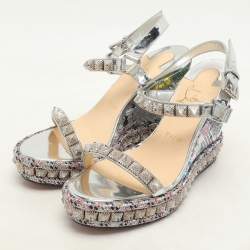 Christian Louboutin Silver Foil Leather Studded Cataclou Espadrille Wedge Sandals 38