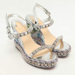 Christian Louboutin Silver Foil Leather Studded Cataclou Espadrille Wedge Sandals 38