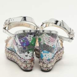 Christian Louboutin Silver Foil Leather Studded Cataclou Espadrille Wedge Sandals 38