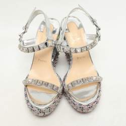 Christian Louboutin Silver Foil Leather Studded Cataclou Espadrille Wedge Sandals 38