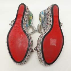 Christian Louboutin Silver Foil Leather Studded Cataclou Espadrille Wedge Sandals 38