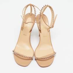 Christian Louboutin Beige Leather Loubi Queen Ankle Strap Sandals Size 38.5