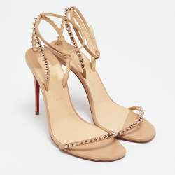 Christian Louboutin Beige Leather Loubi Queen Ankle Strap Sandals Size 38.5