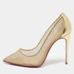 Pre Owned Christian Louboutin Gold Mesh and Patent Leather Follies Resille Pumps Size 36.5