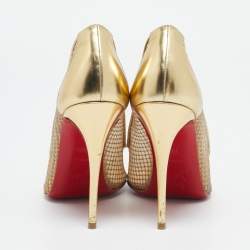 Pre Owned Christian Louboutin Gold Mesh and Patent Leather Follies Resille Pumps Size 36.5