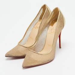 Pre Owned Christian Louboutin Gold Mesh and Patent Leather Follies Resille Pumps Size 36.5