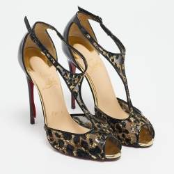 Christian Louboutin Black/Gold Mesh and Patent Leather Tiny T-Strap Sandals Size 36.5