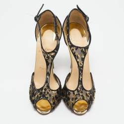 Christian Louboutin Black/Gold Mesh and Patent Leather Tiny T-Strap Sandals Size 36.5