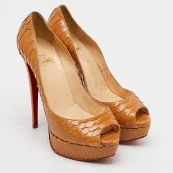 Christian Louboutin Beige Snakeskin Leather Platform Lady Peep Toe Pumps Size 37.5