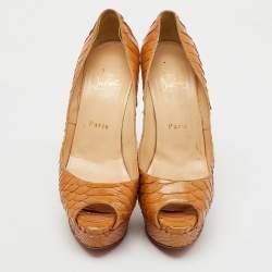 Christian Louboutin Beige Snakeskin Leather Platform Lady Peep Toe Pumps Size 37.5