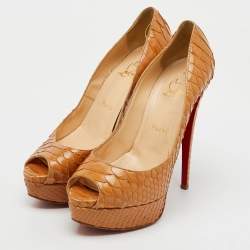 Christian Louboutin Beige Snakeskin Leather Platform Lady Peep Toe Pumps Size 37.5
