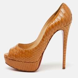 Christian Louboutin Beige Snakeskin Leather Platform Lady Peep Toe Pumps Size 37.5