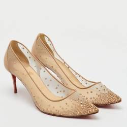 Christian Louboutin Beige Crystal Embellished Mesh Follies Strass Pumps Size 40.5