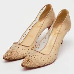 Christian Louboutin Beige Crystal Embellished Mesh Follies Strass Pumps Size 40.5