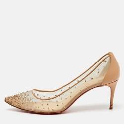 Christian Louboutin Beige Crystal Embellished Mesh Follies Strass Pumps Size 40.5