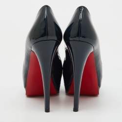 Christian Louboutin Navy Blue Patent Leather Altadama Peep Toe Platform Pumps Size 37.5