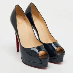 Christian Louboutin Navy Blue Patent Leather Altadama Peep Toe Platform Pumps Size 37.5