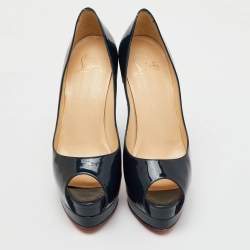 Christian Louboutin Navy Blue Patent Leather Altadama Peep Toe Platform Pumps Size 37.5