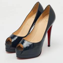 Christian Louboutin Navy Blue Patent Leather Altadama Peep Toe Platform Pumps Size 37.5
