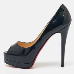Christian Louboutin Navy Blue Patent Leather Altadama Peep Toe Platform Pumps Size 37.5