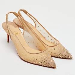 Christian Louboutin Beige Mesh Follies Strass Slingback Pumps Size 40.5