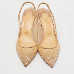 Christian Louboutin Beige Mesh Follies Strass Slingback Pumps Size 40.5