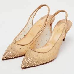 Christian Louboutin Beige Mesh Follies Strass Slingback Pumps Size 40.5