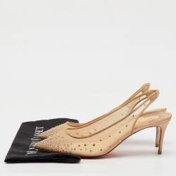 Christian Louboutin Beige Mesh Follies Strass Slingback Pumps Size 40.5