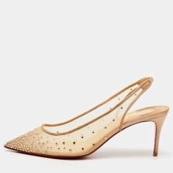 Christian Louboutin Beige Mesh Follies Strass Slingback Pumps Size 40.5