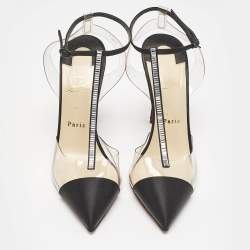 Pre Owned Christian Louboutin Black Satin and PVC Crystal Embellished Nosy Pumps Size 39