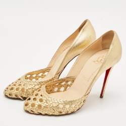 Pre Owned Christian Louboutin Gold Woven Leather Altressita Round Toe Pumps Size 37.5