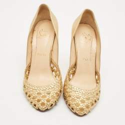 Pre Owned Christian Louboutin Gold Woven Leather Altressita Round Toe Pumps Size 37.5