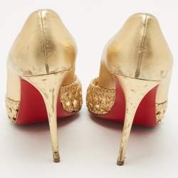 Pre Owned Christian Louboutin Gold Woven Leather Altressita Round Toe Pumps Size 37.5